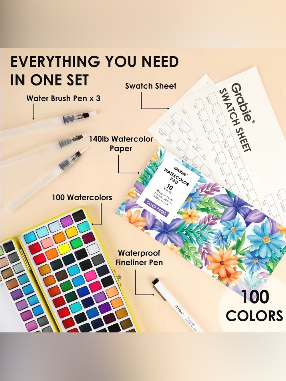 NEW Grabie 100 watercolor set with vibrant colors, portable and easy carry case.